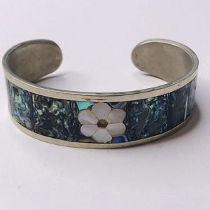 Abalone Hencho Silver Bangle Bracelet Blue Shell Inlay Flower Center Mexico